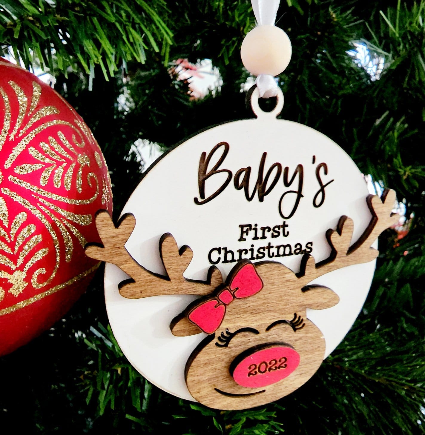 baby's first christmas reindeer ornament